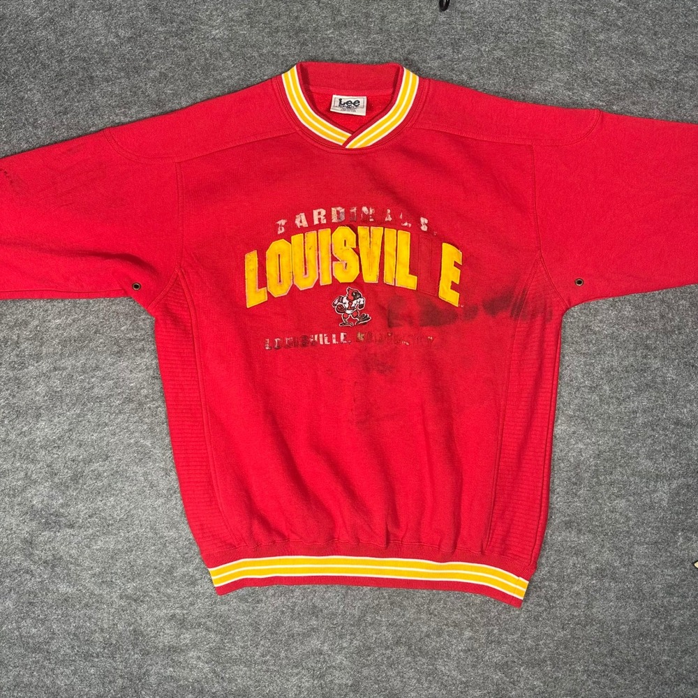 THRASHED Lee Sport Louisville Cardinals‎ Red V Neck Sweatshirt Men L